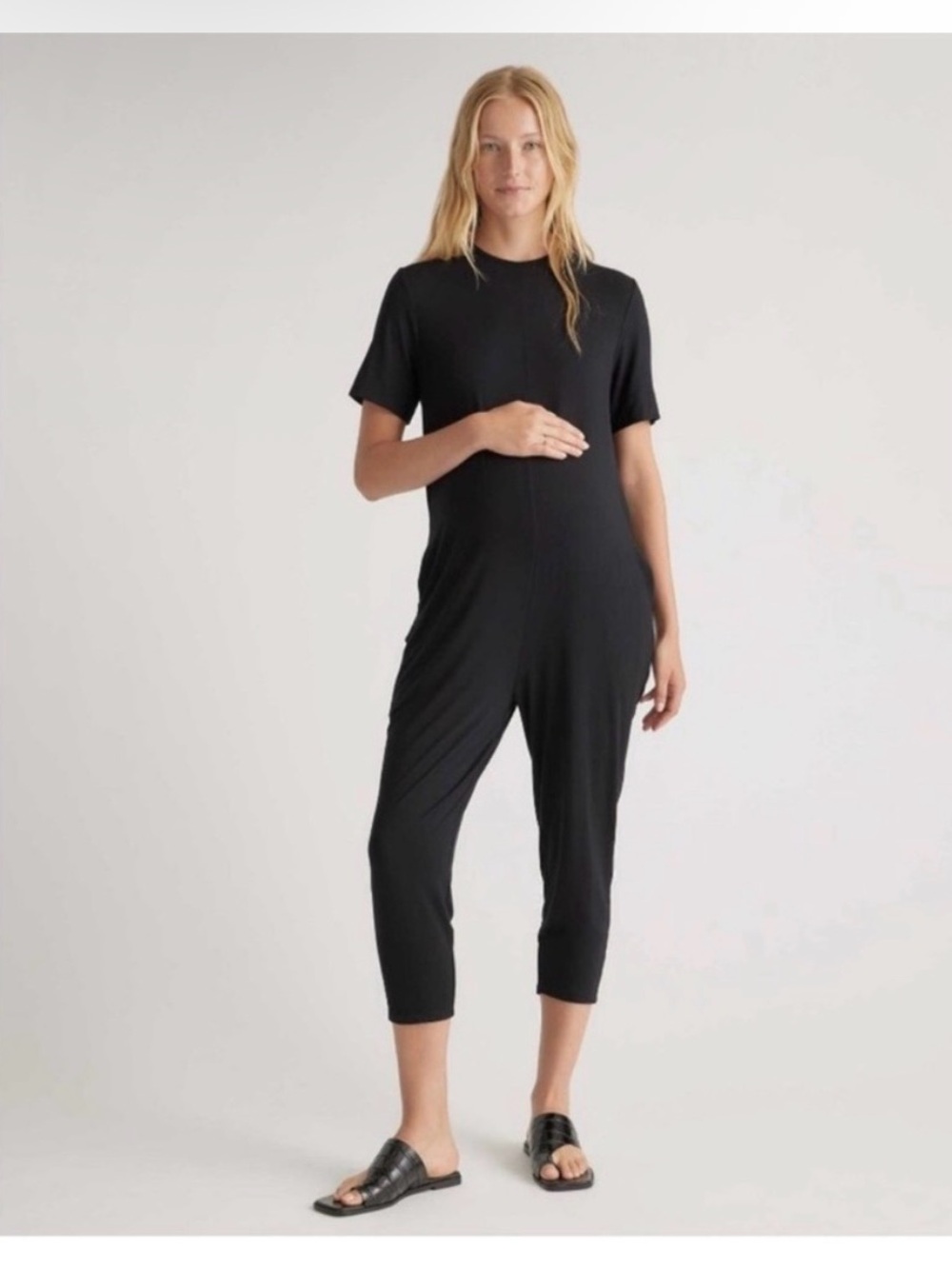 Quince Womens Bamboo Jersey Maternity Everyday Jumpsuit Pockets Black S